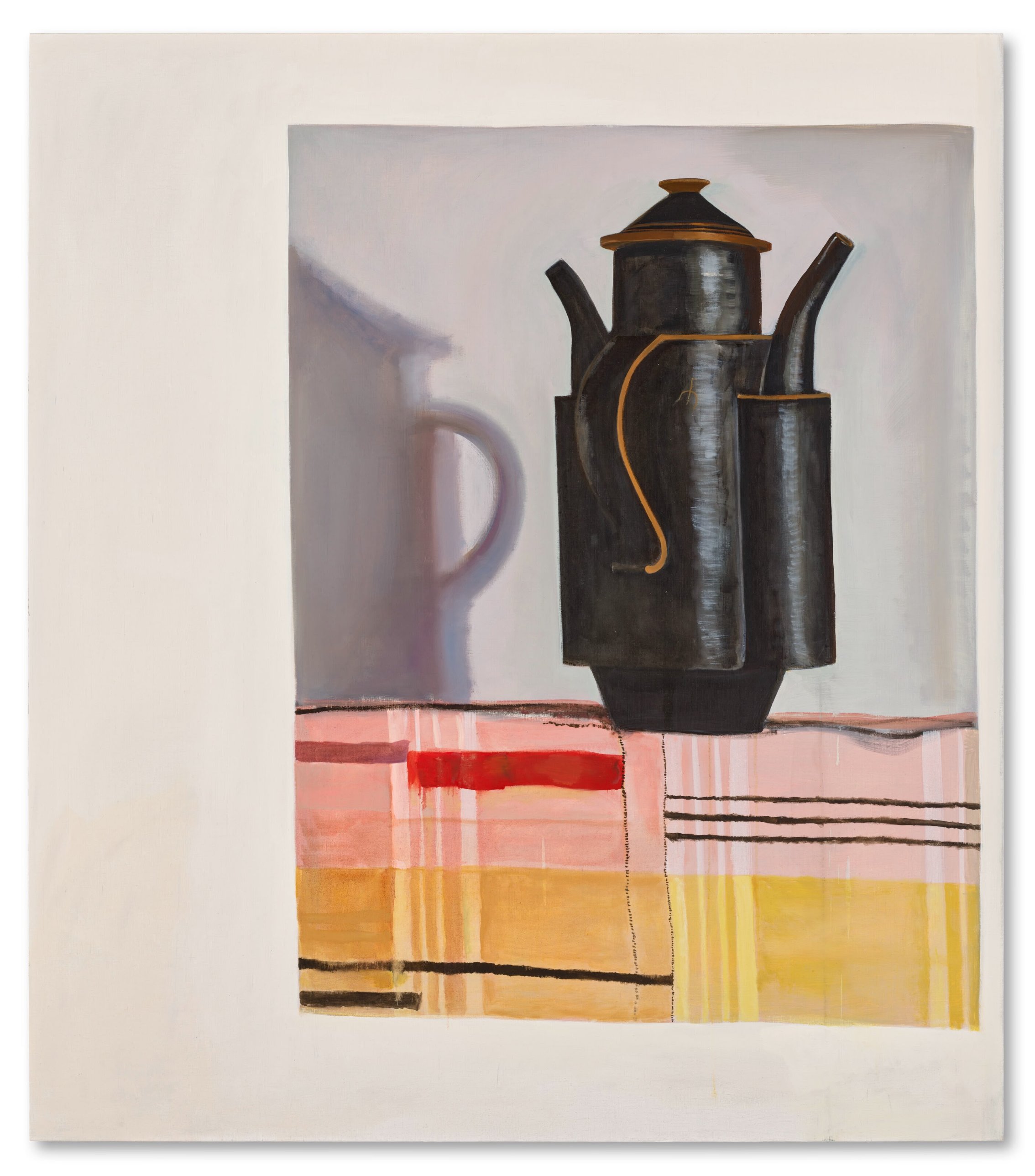 Ella Kruglyanskaya, Dual Pot, pg 92, 2016. A black two-spouted pot on a pink and yellow checked cloth, the shadow of a jug on the grey wall behind, set within a wide cream border.