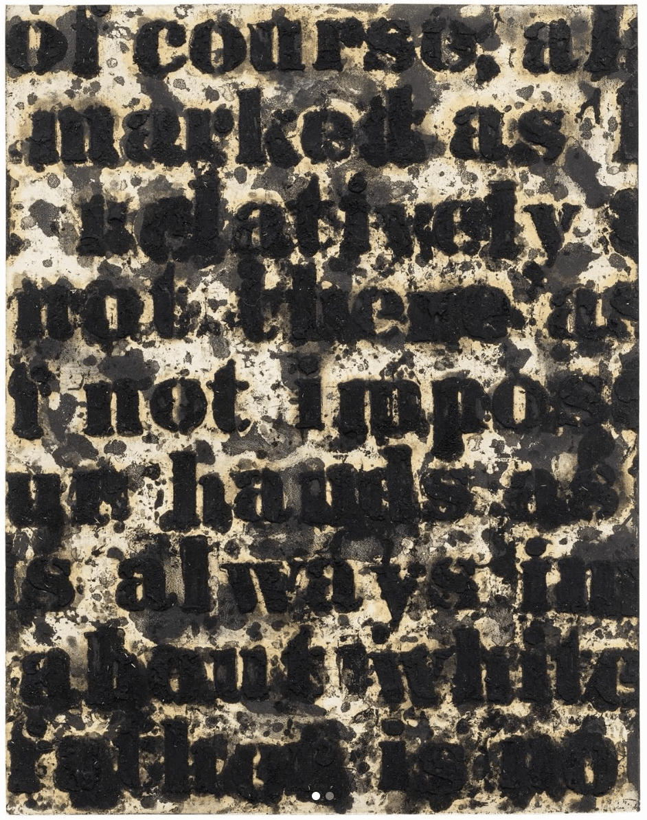 Glenn Ligon, Study for the White Series, 1995. Dense black text on a light ground, partially obscured and splattered.